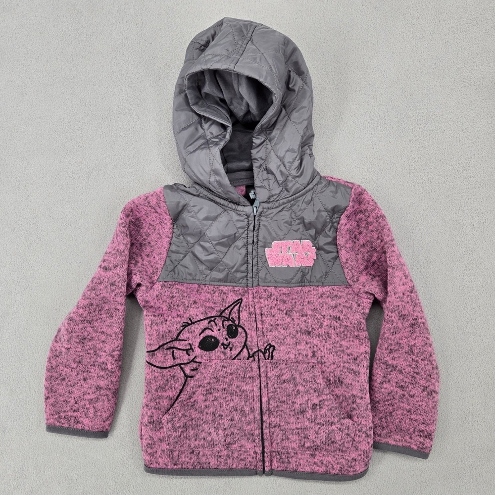 Star Wars New 4T Grogu Baby Yoda Zip Hoodie Girls Pink Grey Quilted Fleece